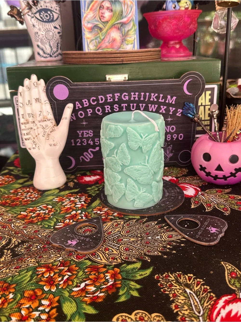 Butterfly Pillar Candle | Aqua Butterfly Candle | Cottagecore Decor